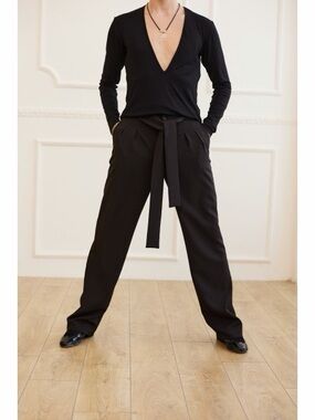 Shok Men's Black Tie-Waist Tailored Latina ballroom dance Pants